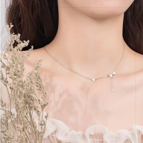 ModaOne Butterfly Tassel Fairy Silver Color Crystal Clavicle Chain Necklace For Women Girls Bling Fashion Jewelry Gifts
