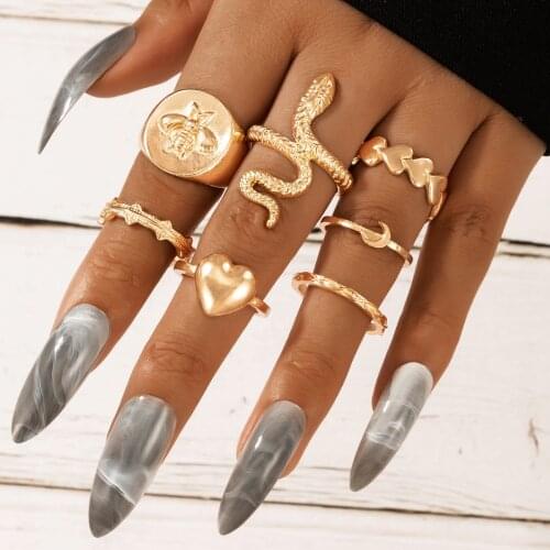 DIEZI Statement New Heart Moon Knuckle Joint Rings Set For Women Vintage Ancient Gold Color Snake Finger Rings Girls Jewelry