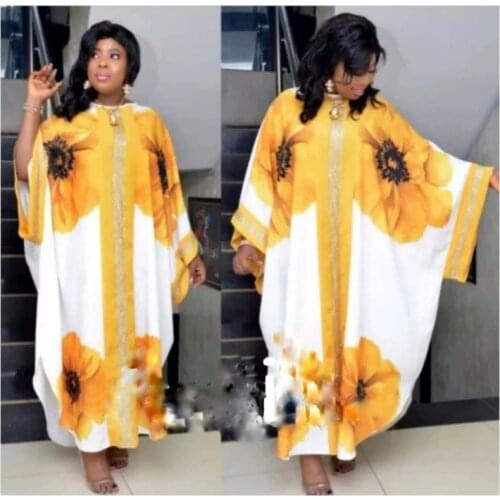 2020 New Fashion Elegant Batwing Sleeve Autumn Dress Lady Plus Size Loose Floral Print African Dresses for Women