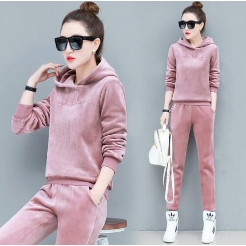 2019 Spring Autumn New women Gold Velvet Sets Loose Hooded Sweatshirt +Trousers Two-Piece Casual Fashion Sets Female Plus Size
