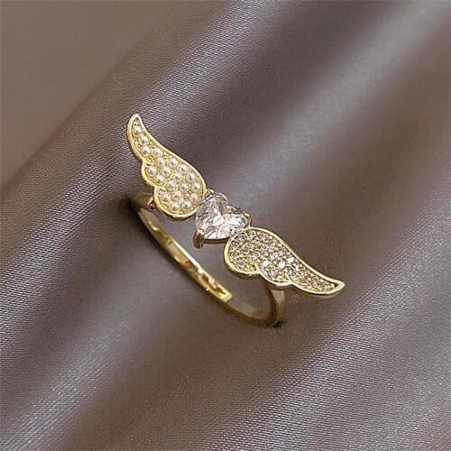 New Zircon Wings Heart-Shaped Ring Simple Retro Zircon Love Heart-Shaped Angel Ring For Women Girls Fashion Jewelry Gift
