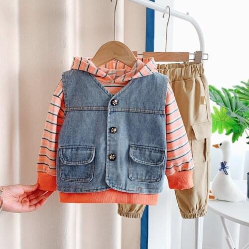 New Fashion Baby Girls Boys Kids Clothes Cotton Cartoon Denim Vest+Hoodies+Pant 3 Pcs/Set Hooded Outfit Suit Childrens Clothing