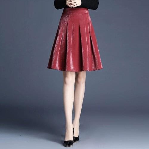 Fall Winter Fashion Women High Waisted Pleated Wine Red A Linen Pu Leather Skirt , Autumn Spring Womens Ladeis 4xl Skirts
