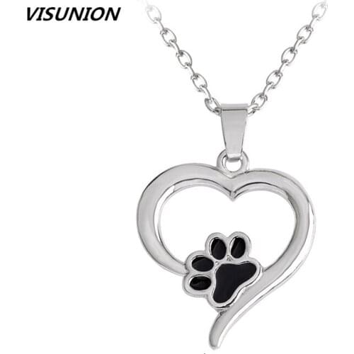 VISUNION Enamel Dog Woof Paw necklace Love You Forever Heart Shaped pendant for Animal Lover