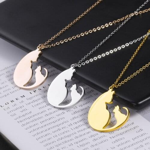 Mom and Baby Cat Necklaces Pendants For Women Cute Animal Jewelry Stainless Steel Long Chain Necklace Mother Gifts