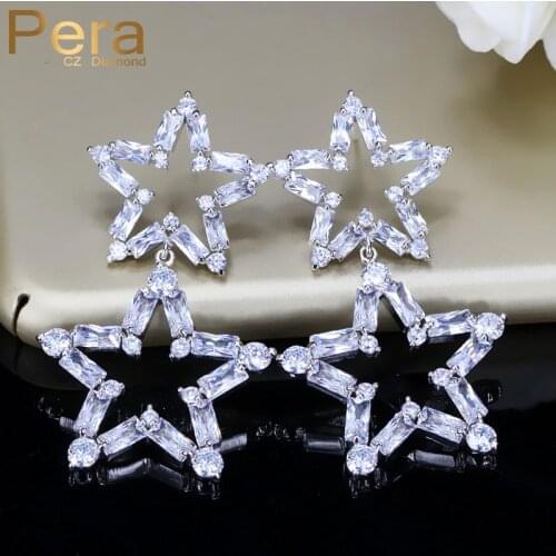 Pera Classic Silver Color Earing Jewelry for Women Party Gift Big Hollow Star Drop Shape Long Cubic Zirconia Earrings E303
