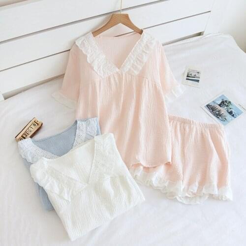 Pjamas for Women Summer Pure Cotton Gauze Japanese Lace Two-piece Shorts Thin Short-sleeved Short Femme Kawaii Pajamas