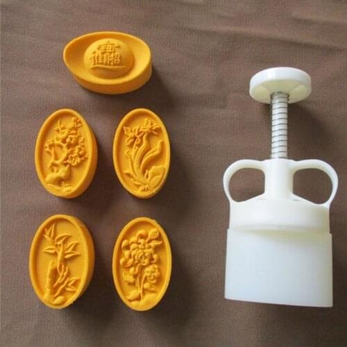 Plastic Mooncake Mold 3D Oval Stamp Cookie Cutter Mould Hand Pressure Baking Accessories Mid-Autumn Festival Kitchen Gadgets