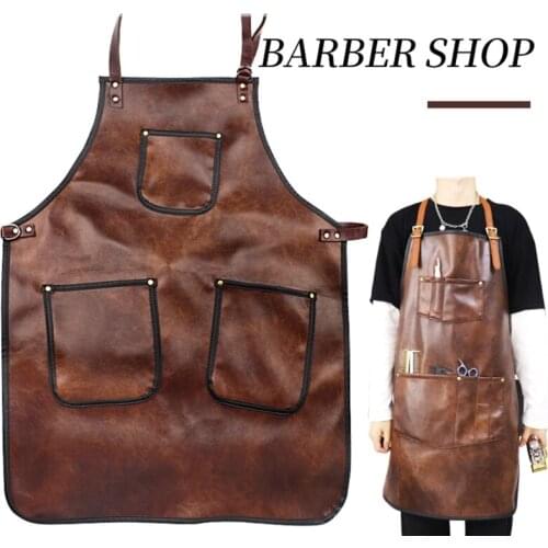 Professional Faux Leather Hairdresser Barber Apron Adjustable Cross-Back Strap Multi Pockets Waterproof Chef Cooking Bib for