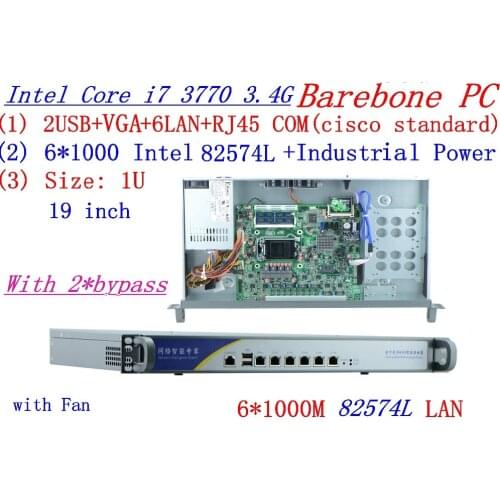 INTEL I7 3770 3.4Ghz 1U rack type firewall server with 6*1000M 82574L Gigabit LAN 2*bypass Support ROS/RouterOS etc Barebone PC