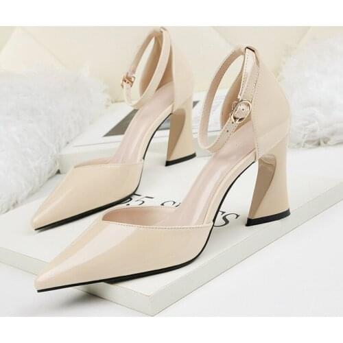 Women sandals PU Buckle Strap 8CM Thick heel High heels Pointed Toe Shallow women shoes sandalias mujer 2020 size 35-42