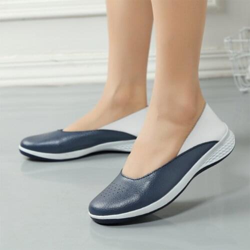 2021 Autumn Women Leather Loafers Cutout Ballet Flats Shoes Female Flat Nursing Shoes Woman Slip on Loafers Slipony