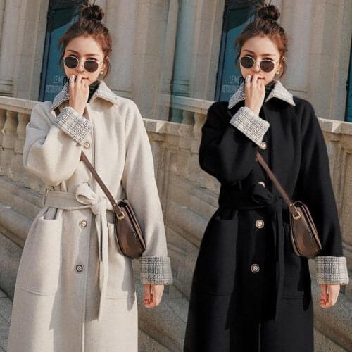 Hepburn Wind Woolen Coat Women Mid-Length Belt Windbreaker Lady Spring Thick Coat 2021 New Autumn Color Matching Wool Coat