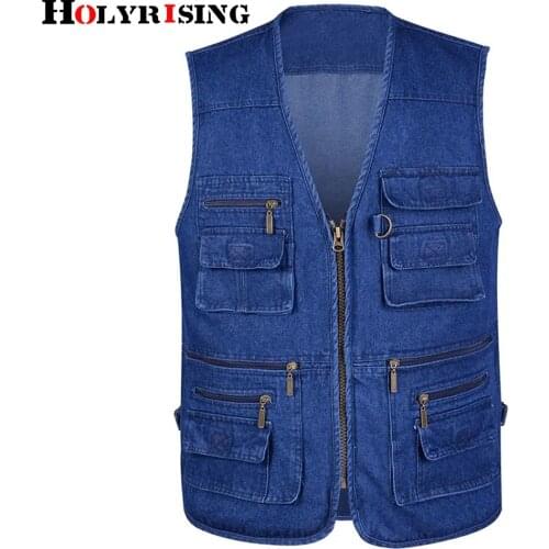 Spring autumn men vest denim cotton multi pockets waistcoat sleeveless jackets for fishing photography coats plus size 19621