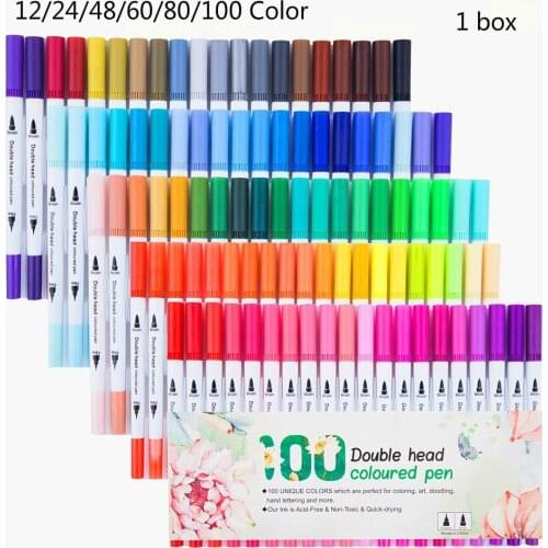 1 / Box 12/24/48/60/80/100 Color Double-Headed Hook Pen Color Marker Soft-Headed Watercolor Pen Art Children 's Painting Set