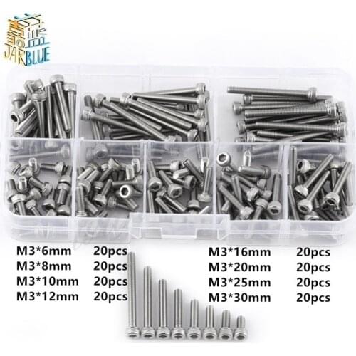 160Pcs/set M3 Metric Thread Hex Socket Cap Head Screws Bolts SS304 Stainless Steel M3 Screws Assortment Set Fastener Hardware