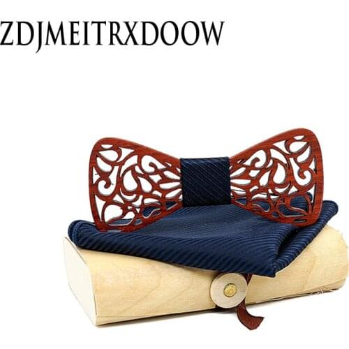 2020 Navy Strip Wooden Bow Tie Silk Handkerchief Wood Set For Mens Wedding Novelty Accessory Ties and Box Wooden Butterfly