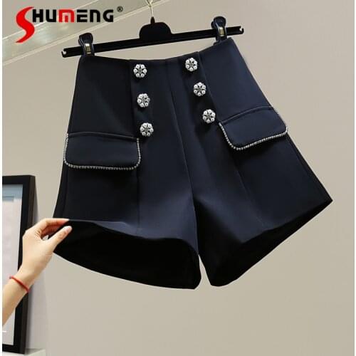 2021 Summer Ladies New Korean Style High Waist Loose Slimming Wide Leg Casual Pants Womens Fashion Beads Rhinestones Shorts