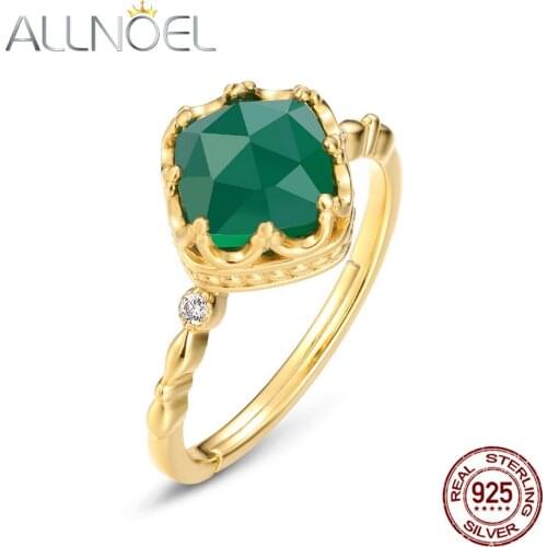 ALLNOEL Solid 100% 925 Sterling Sliver Ring For Women 7*7MM Green Agate White Zircon Adjustable Engagament Fine Jewelry 2021 New