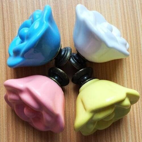 America rural white blue yellow pink flower ceramic drawer kitchen cabinet knob pull antique bronze dresser cupboard door handle