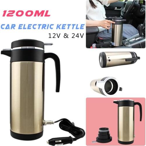 12V/24V 1200ML Car Electric Heated Kettle Stainless Steel Bottle Thermal Mug Auto Cigarette Lighter Heating Cup For Travel Mug
