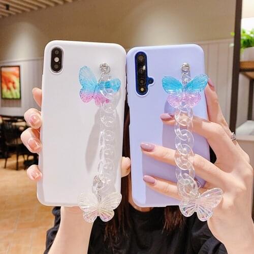 Crystal Butterfly Bracelet Phone Case For OPPO A11K A12 A12E A92 A92S A72 A52 A91 A8 A5 2020 A9 A31 A3S AX5S AX7 TPU Chain Cover