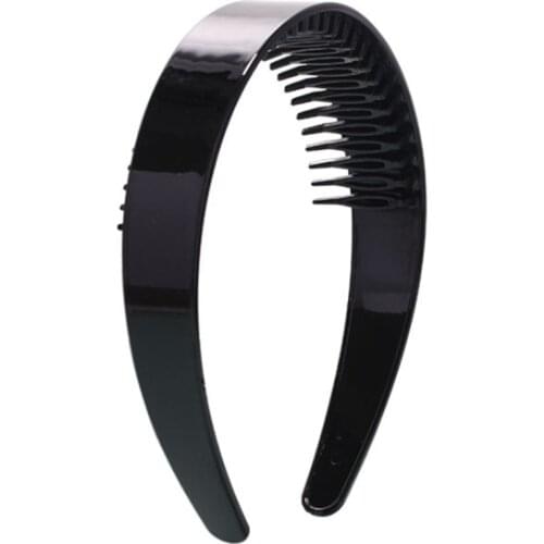 Women Girls 2.5cm Wide Plain Headband with Non-Slip Teeth Comb Shiny Black Plastic Hair Hoop DIY Styling Makeup Headwear