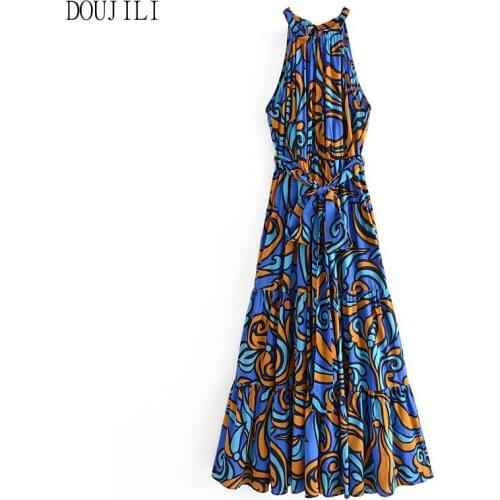 DOUJILI Vintage Long Dress 2021 Summer New Design Sleeveless Round Neck Fashion Ladies Dress For Women Party