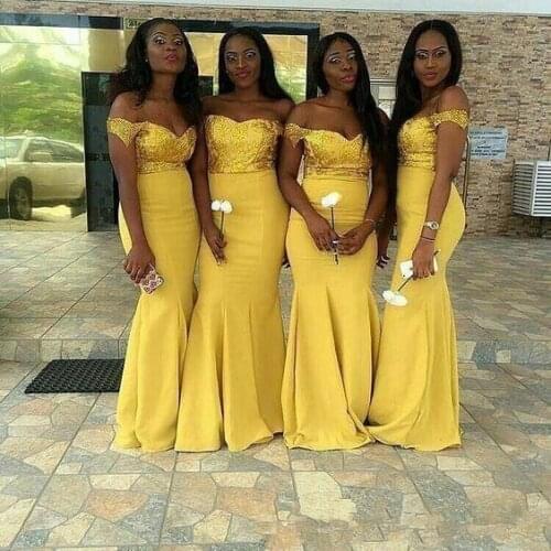 Elegant Off Shoulder Yellow Bridesmaid Dresses Gold Sequins Black Girls Mermaid Wedding Guest Gown Floor Length Prom Dress فساتي