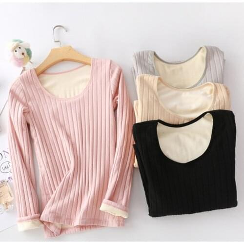 EliFashion New Velvet Thick Winter Round Neck Pit Strip Long-sleeve Bottoming Shirt Thermal Female Underwear Cold Protection Top