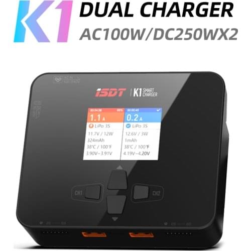 ISDT K1 Dual Channel Balance Lipo Charger AC 100W DC 2X250W 10Ax2 Discharger 2.4 inch IPS Screen for Lipo NiMh Pb Battery
