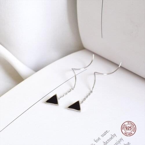 LKO 925 Sterling Silver Black Drop Glaze Triangle With Wave Model Geometric Ear Line For Women Trend Jewelry Accessories