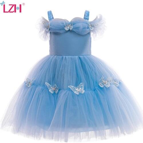 LZH 2021 Off Shoulder Dress For Girls Butterfly Applique Childrens Princess Dress Light Blue Baby Girl Clothing New Kid Dresses