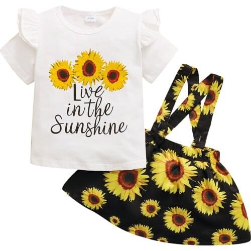 Fashion Children Baby Girls Clothes Kids Summer Sunflower Print Short Sleeve Tops Suspender Skirt Outfit Sets 1-6Y