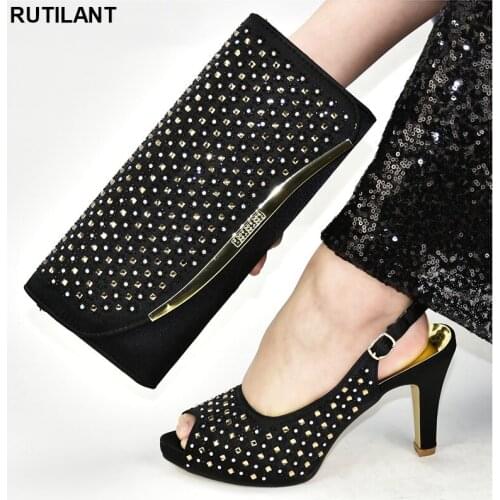 Fashion Italian Women Wedding Pumps with Purse African Shoe and Bag Set Decorated with Rhinestone Spring Shoes Platform Women