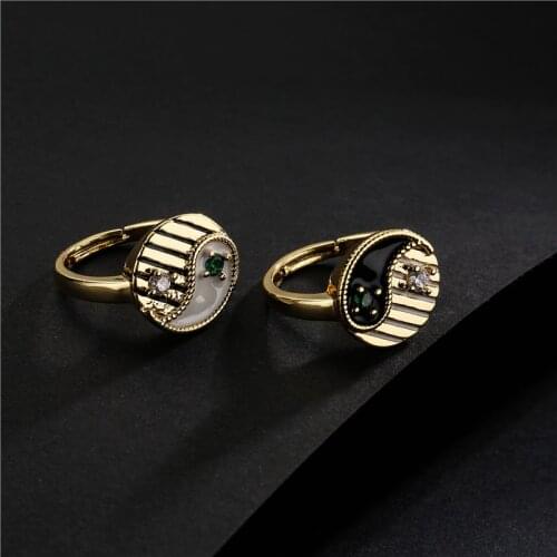 New Arrival 2021 Hot Sale Gold Color Copper Open Ring Unique Design Oil Paiting Ying & Yang CZ Ring Party Jewelry Femme Bijoux
