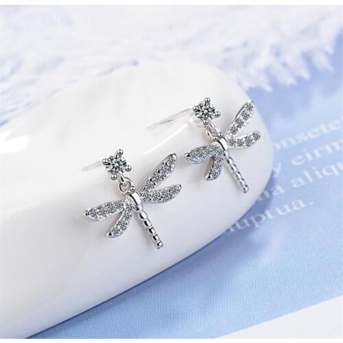 New Creative Temperament Full Of Crystal Dragonfly 925 Sterling Silver Jewelry Sweet Insect Personality Stud Earrings SE814