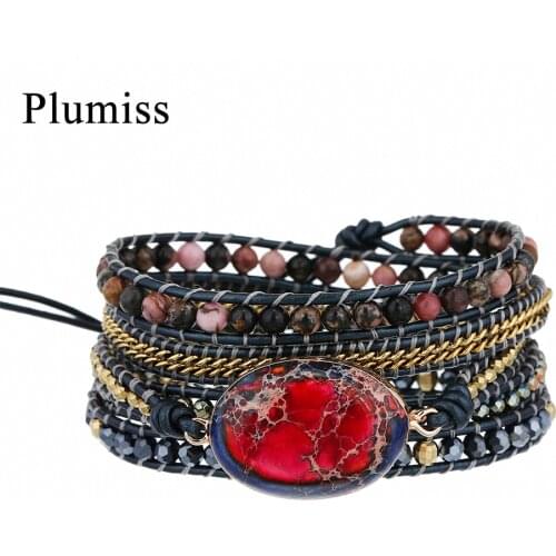 Plumiss Red Imperial Jaspers Wrap Bracelets Stainless Steel Chain Natural Stone Rhodonite Beaded Boho Bracelet for Women Jewelry