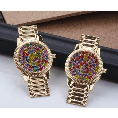 Luxury Crystal Watch Shapeed Earrings For Women Unique Design Punk Rhinstone Colorful Statement Earrings Jewelry Gift
