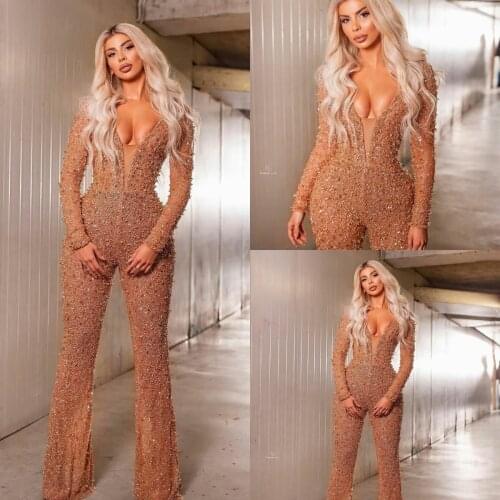 Luxury Beading Jumpsuits Prom Dresses Sequins V Neck 2021 New Design Evening Gown Long Sleeve Formal Pants Party Dress