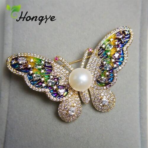 Luxury Beautiful Colored Butterfly Brooches Pins Women Gorgeous Pin Jewelry Freshwater Pearl Wedding Bouquet Brooch Gold Jewelry