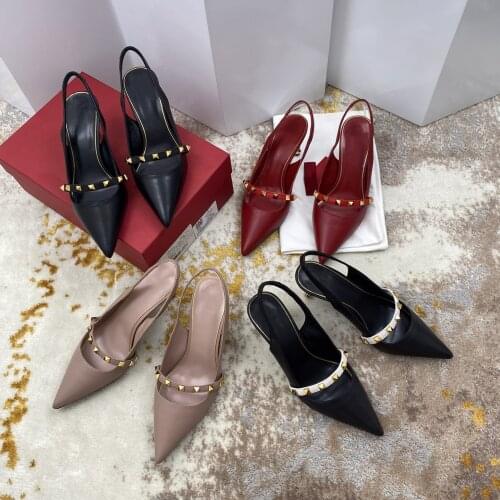 Hot Sale Shoes Women Summer Genuine Leather Rivet Women Sandals Pointed Toe High Heels Fashion Modern Sandals Zapatos De Mujer