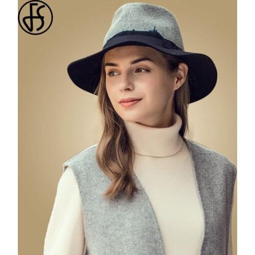 FS 2021 New Black Fedora Hats For Women Men Fashion Wool Felt Cowboy Hat With Ribbon Winter Wide Brim Jazz Caps Brown Wholesale