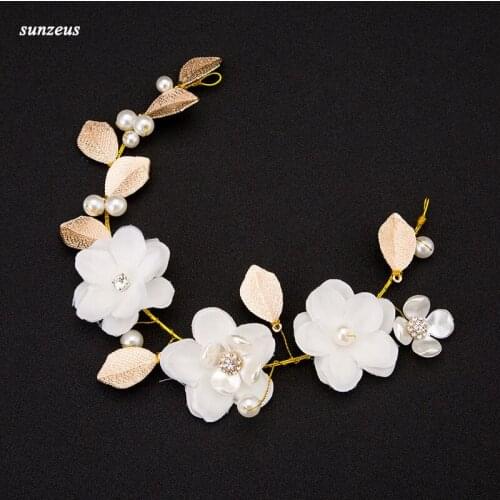 White Flowers Gold Leaves Bridal Headpiece Hand-made Pearls Headband Wedding Chain Head Decorations SQ0281