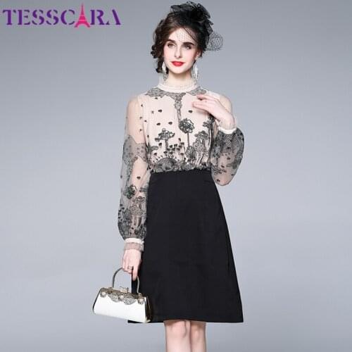 TESSCARA Women Luxury Embroidery Mesh Dress Festa High Quality Vintage Wedding Party Robe Femme Lantern Sleeve Designer Vestidos