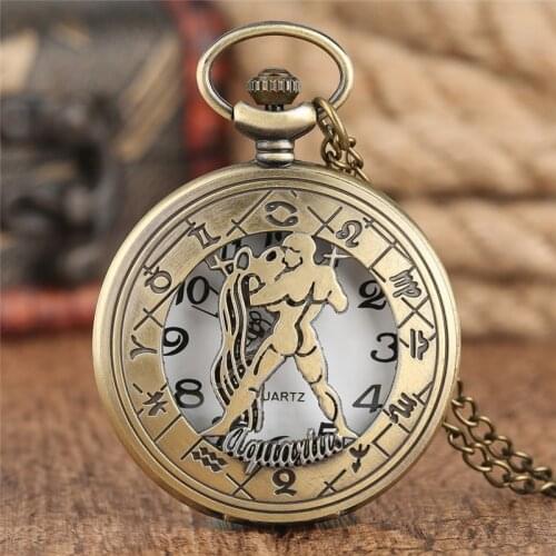 Vintage Aquarius Pendant Pocket Watch Women Twelve Constellations Bronze Quartz Clock Retro Mens Watches Reloj Gift