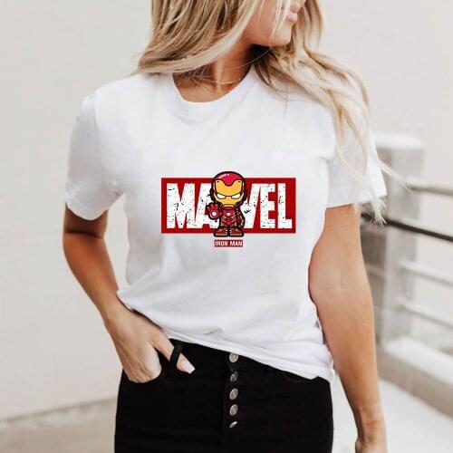 2021 Fashion New Marvel T-shirt Summer Womens Short Sleeve Cartoon Iron Man Print Superhero T-shirt Ladies XS-2XL Loose White T