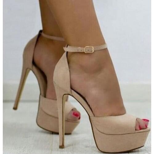 Moraima Snc Nude Leather High heel Sandal Sexy Peep Toe Ankle Strap Woman Shoes Platform Thin Heels Dress Shoe