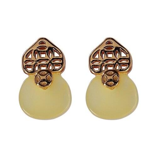 S925 sterling silver gold-plated natural amber stud earrings retro simple hollow coin gourd womens earrings
