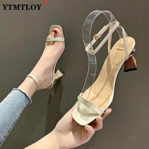Grain Strange Wood High Heels Summer New Women Shoes Open Toe Round Buckle Strap Pumps Brief Sexy Square Back Strap Gladiator